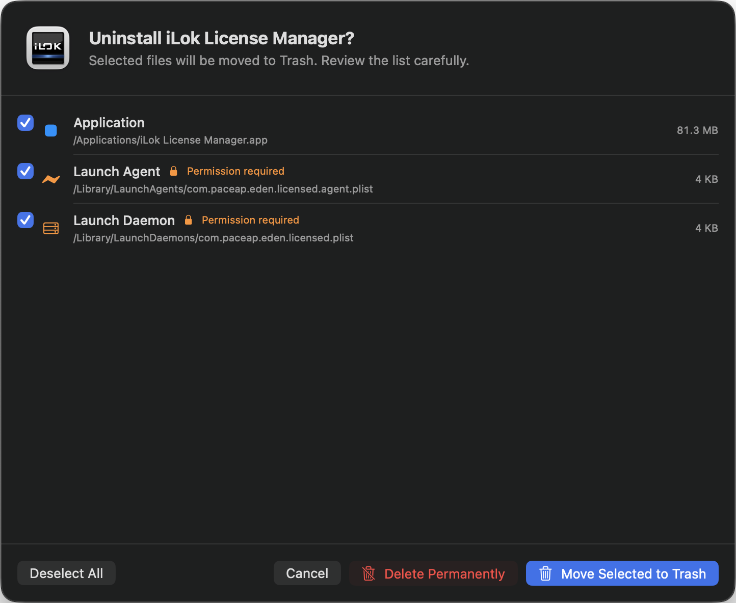AppSweep uninstall review listing application files and protected launch services